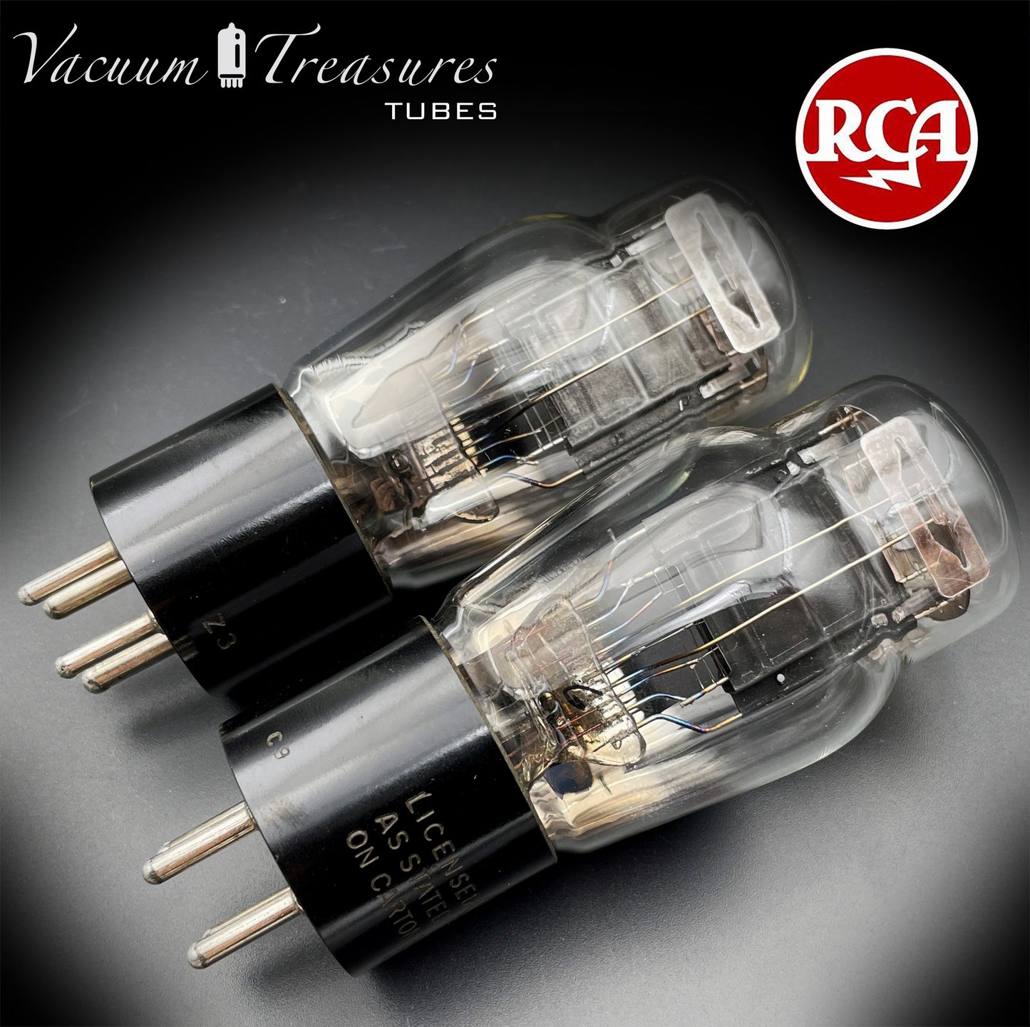 45 ST RCA Cunningham Matched Pair Black Plates Foil Dimpled Getter Radiotron Tubes Made in USA 1930's