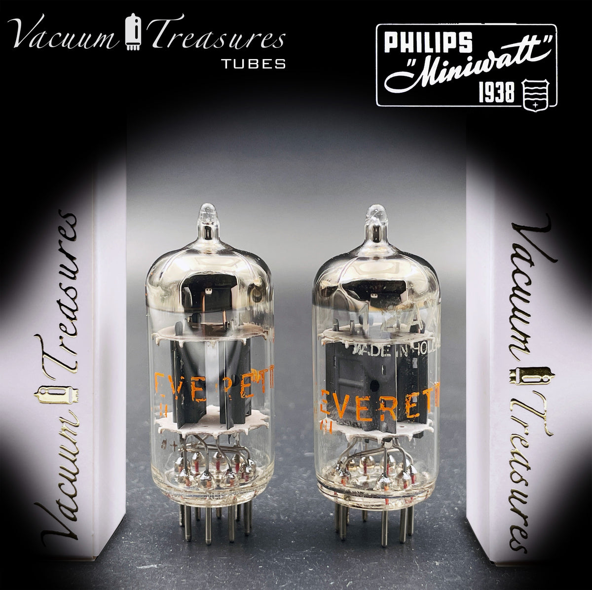 12AX7 / ECC83 NOS EVERETT by Philips Heerlen Matched Pair 1964 Short Gray Plates HOLLAND MADE