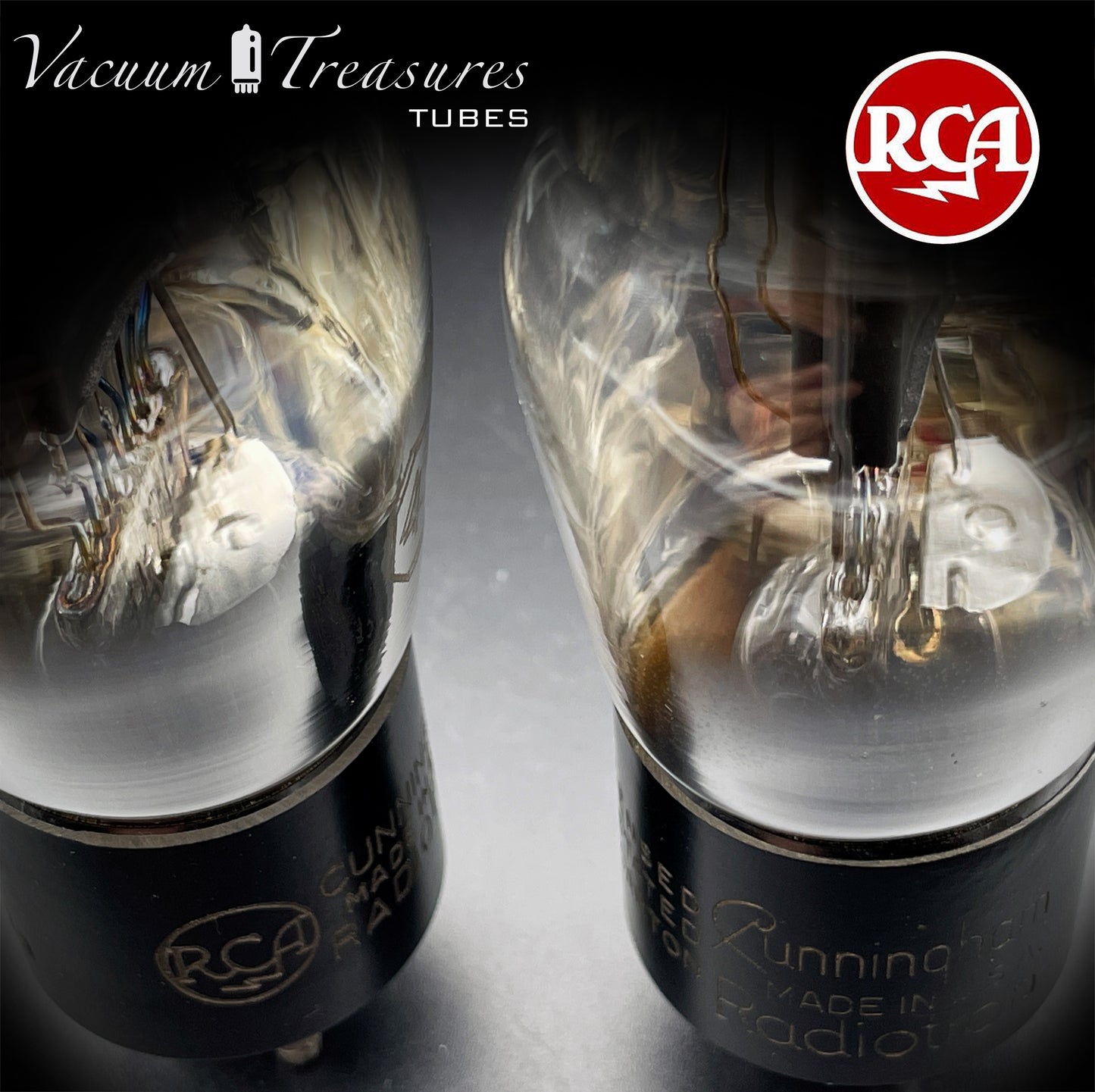 45 ST RCA Cunningham Matched Pair Black Plates Foil Dimpled Getter Radiotron Tubes Made in USA 1930's