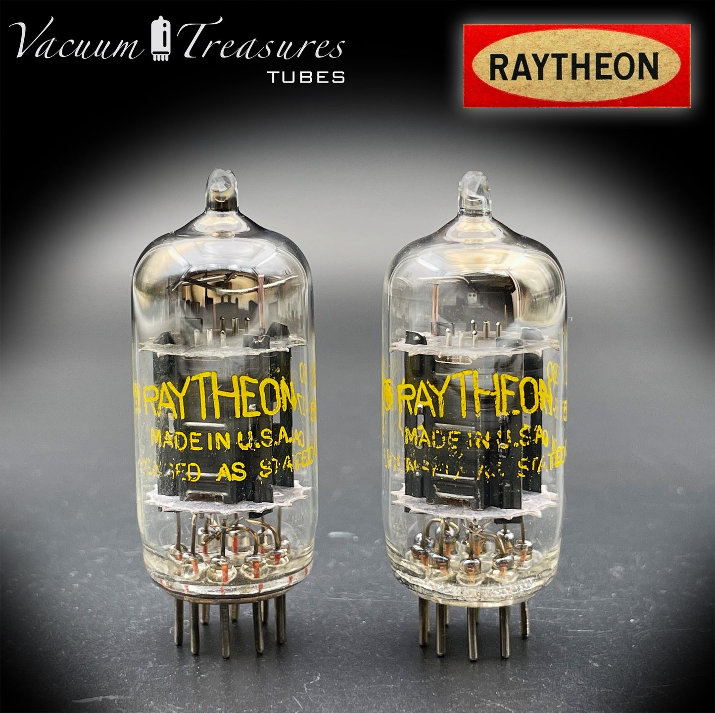 12AU7 ECC82 RAYTHEON Matched Pair Long Black Plates Square Getter Tubes USA '58