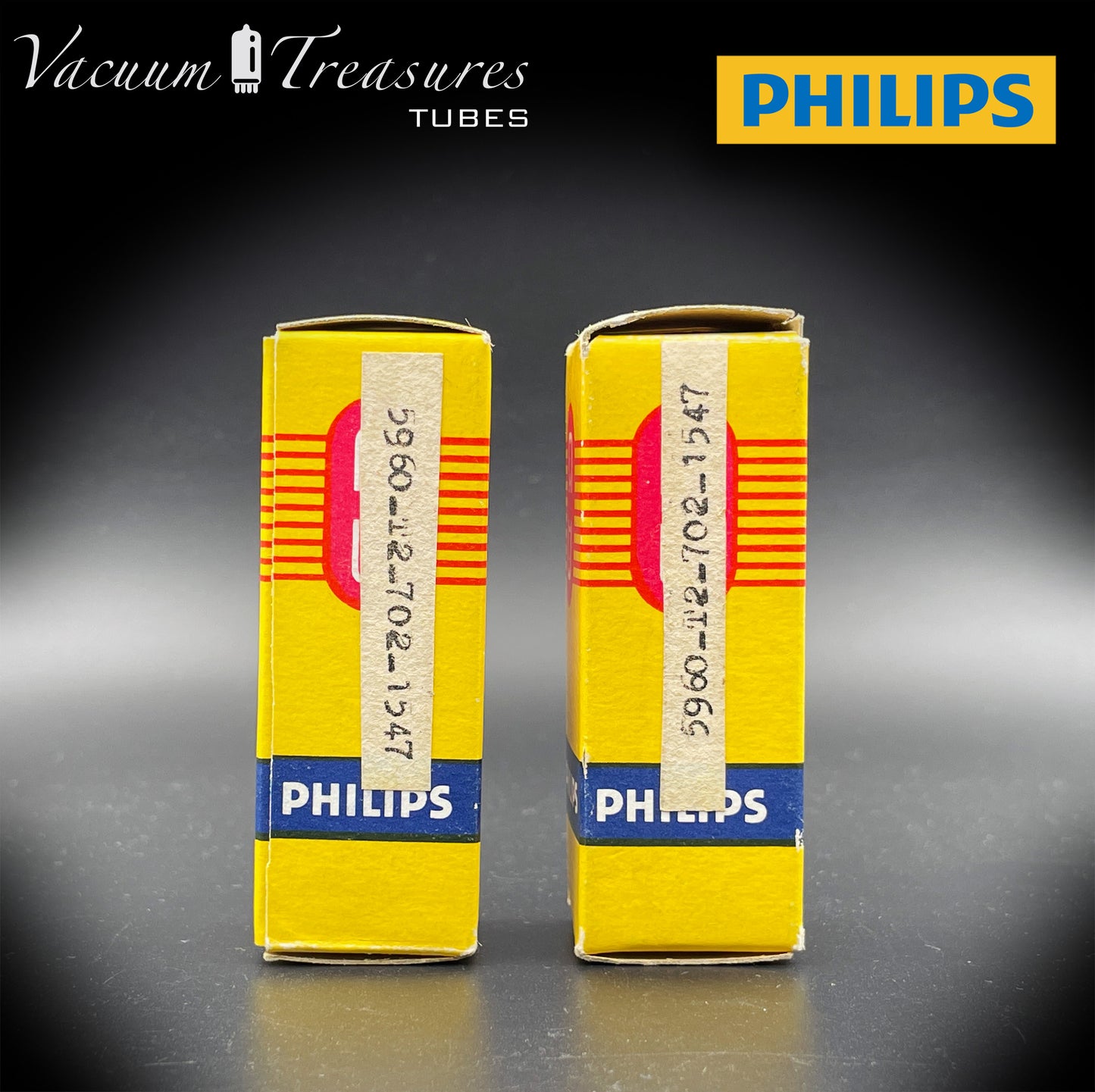 12AT7 ( ECC81 ) NOS NIB PHILIPS by Mullard, Blackburn Plant, Wing Gray Plates Halo Getter Matched Pair Tubes MADE IN GT. BRITAIN