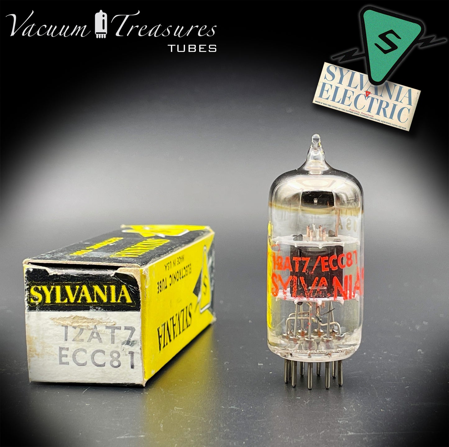 12AT7 ( ECC81 ) SYLVANIA NOS NIB Black Plates Halo Getter Tested Tube MADE IN USA