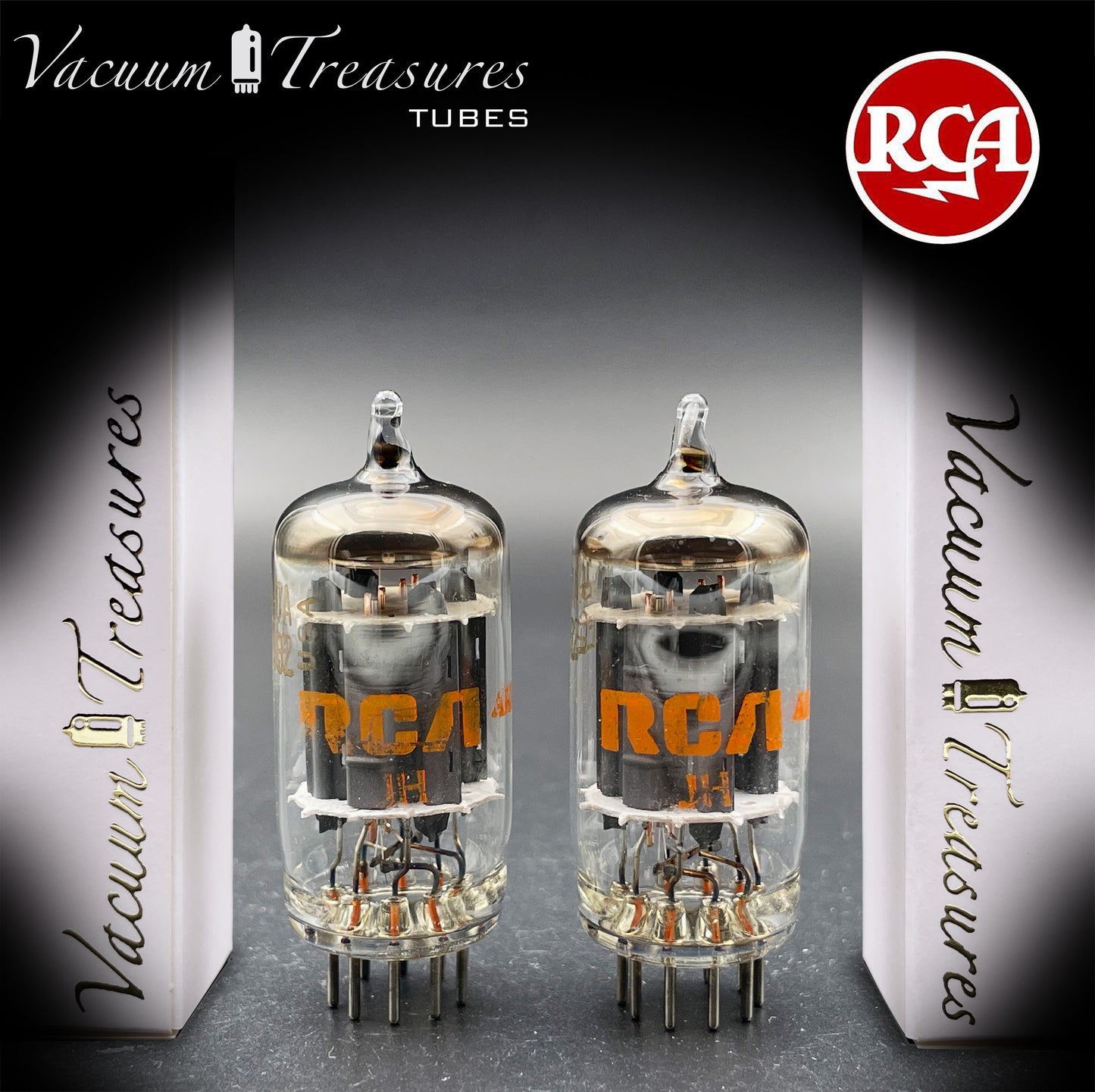 12AU7A / ECC82 NOS RCA Matched Pair Tubes - Long Gray Plates Halo Getter USA