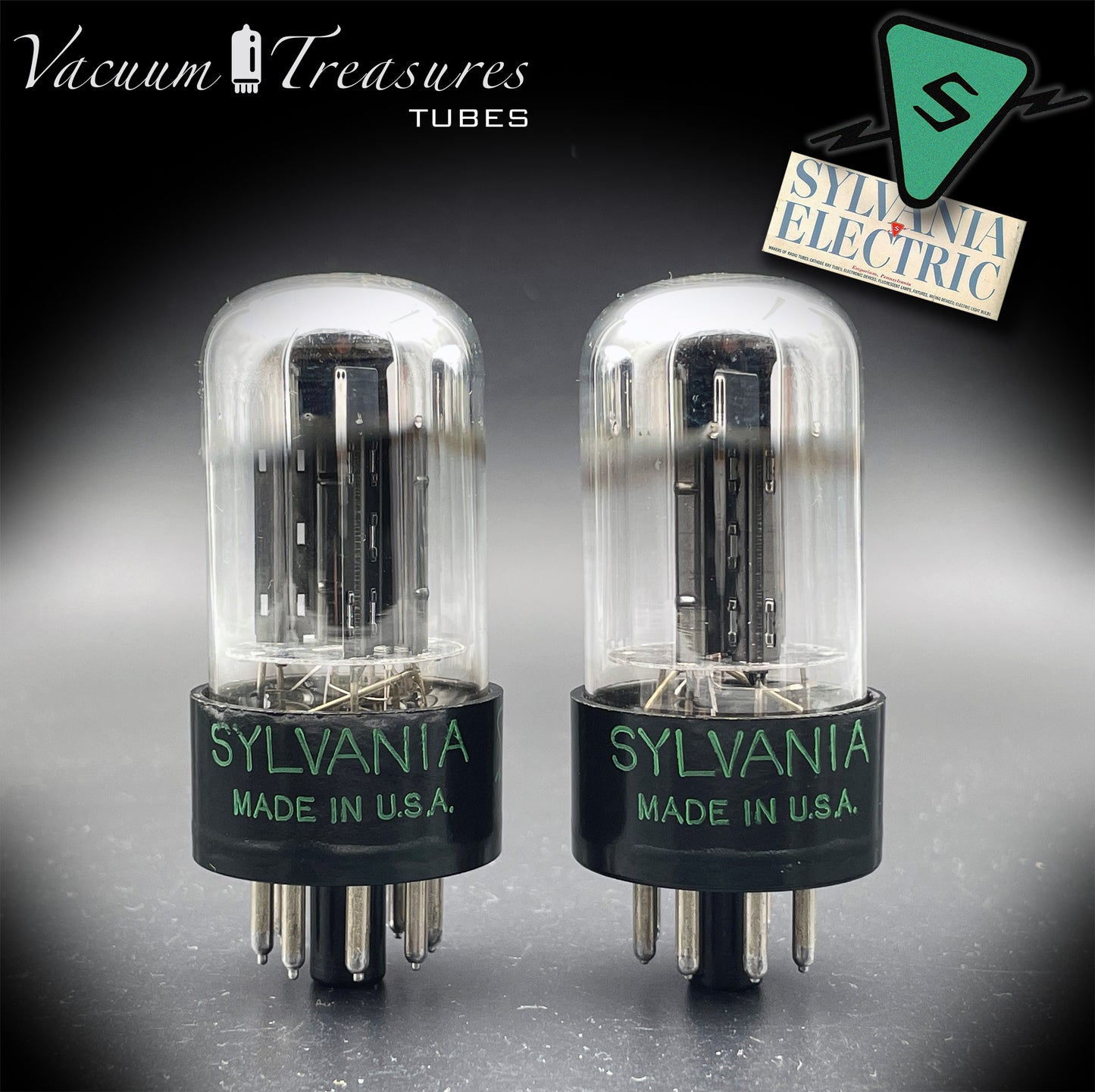 6SN7GTB NOS SYLVANIA CHROME TOP Green Dot Matched Pair Black Plates Tubes USA '50s