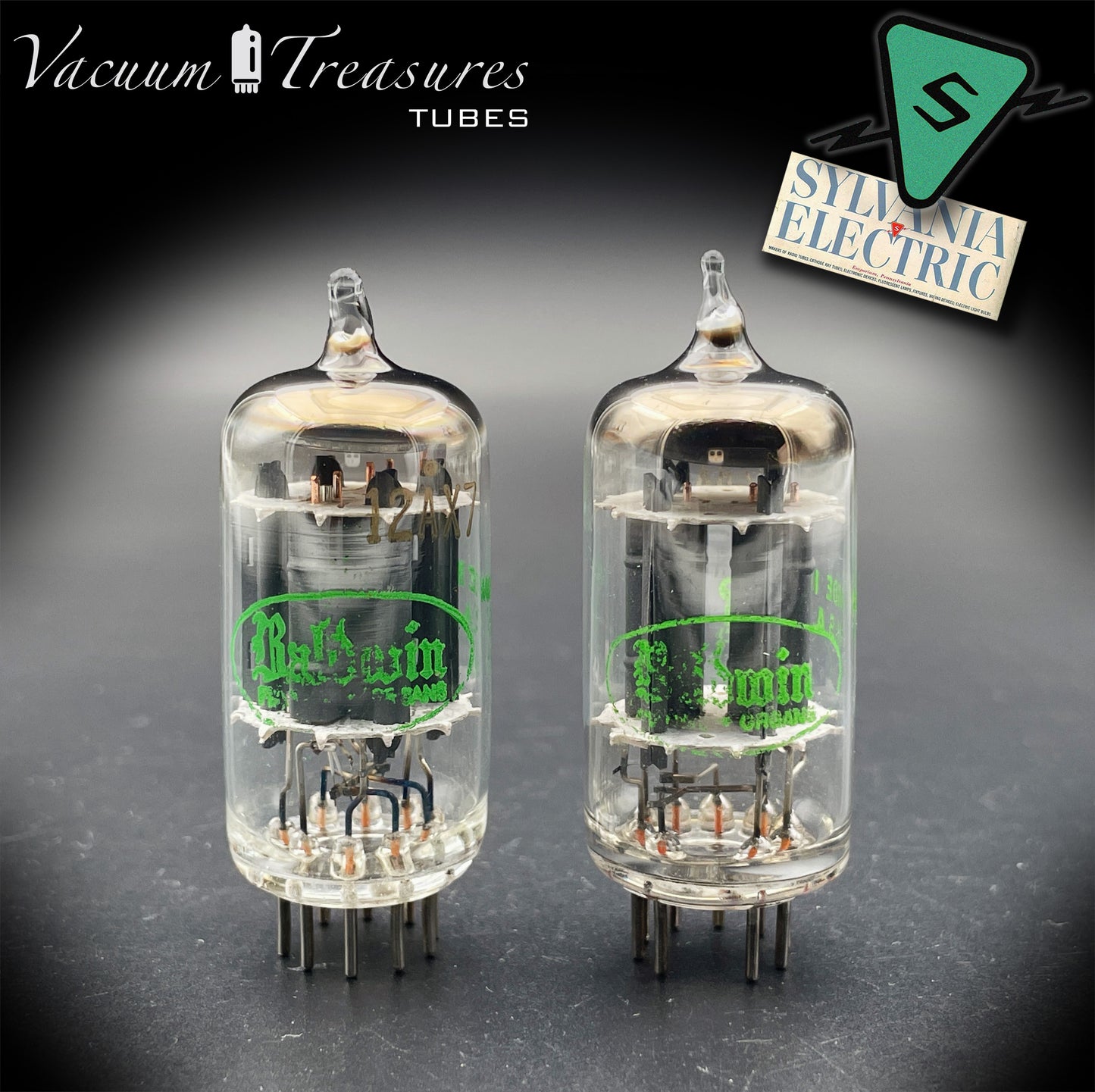 12AX7 ECC83 Baldwin by SYLVANIA – Tested Pair – Long Gray Plates Halo Getter Made in USA