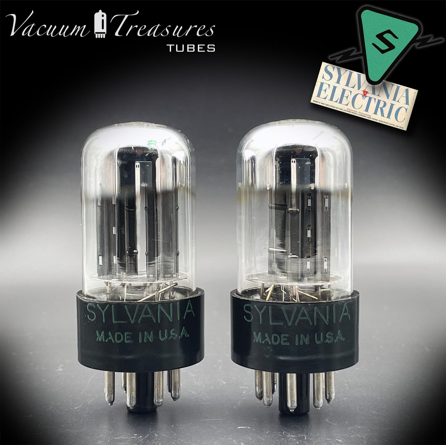 6SN7GTB NOS SYLVANIA CHROME TOP Green Dot Matched Pair Black Plates Tubes USA '50s