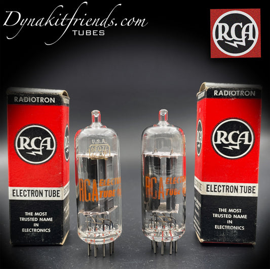 6CG7 (6FQ7) NOS RCA-Rohre mit transparenter Oberseite, grauen Platten, seitlichem Getter, passendes Paar Röhren, hergestellt in den USA