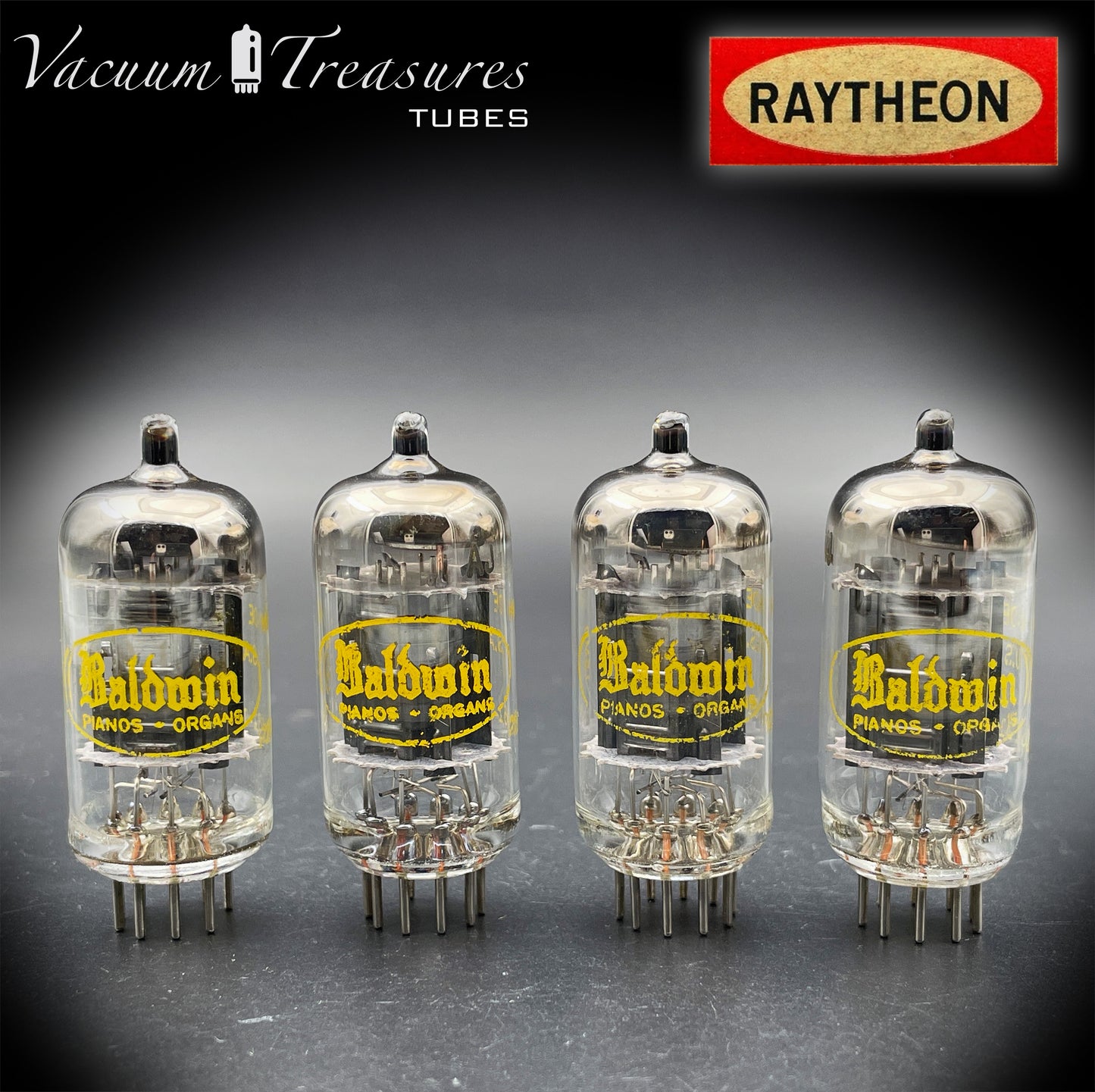 12AU7A / ECC82 NOS Baldwin by RAYTHEON Matched Quad Tubes Long Black Plates Halo Getter Made in USA '61