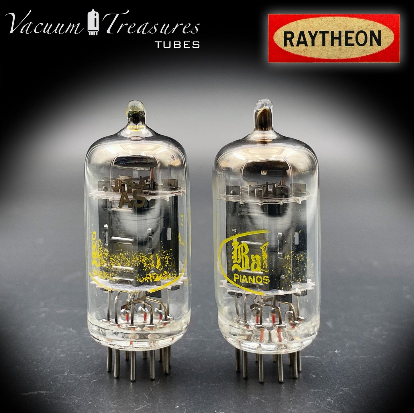 12AX7A ECC83 Baldwin Raytheon Matched Pair Tubes – Long Black Plates Halo Getter USA 1960s