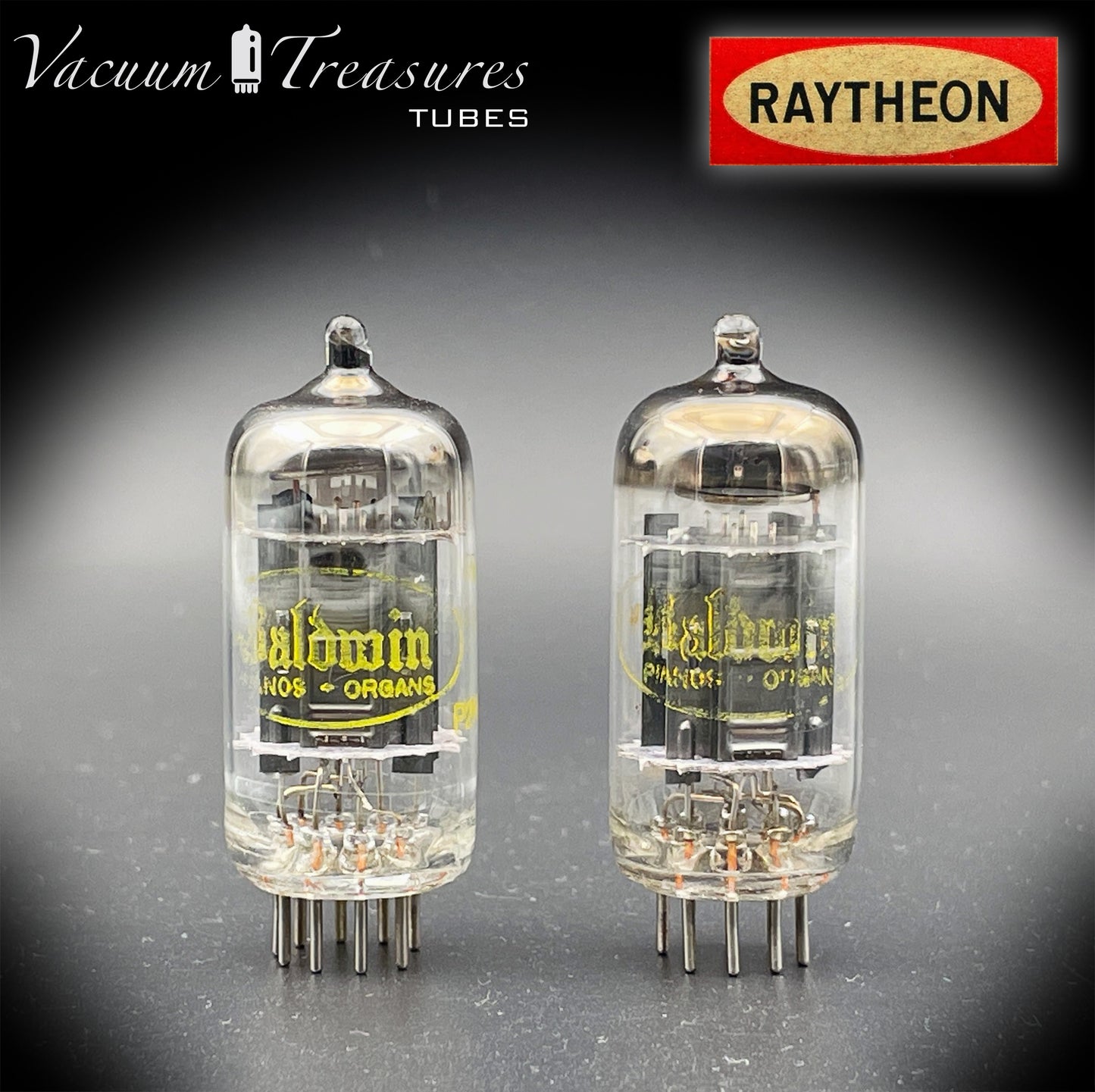 12AU7 ( ECC82 ) NOS RAYTHEON for Baldwin Long Black Plates Halo Getter Matched Tubes Made in USA '59