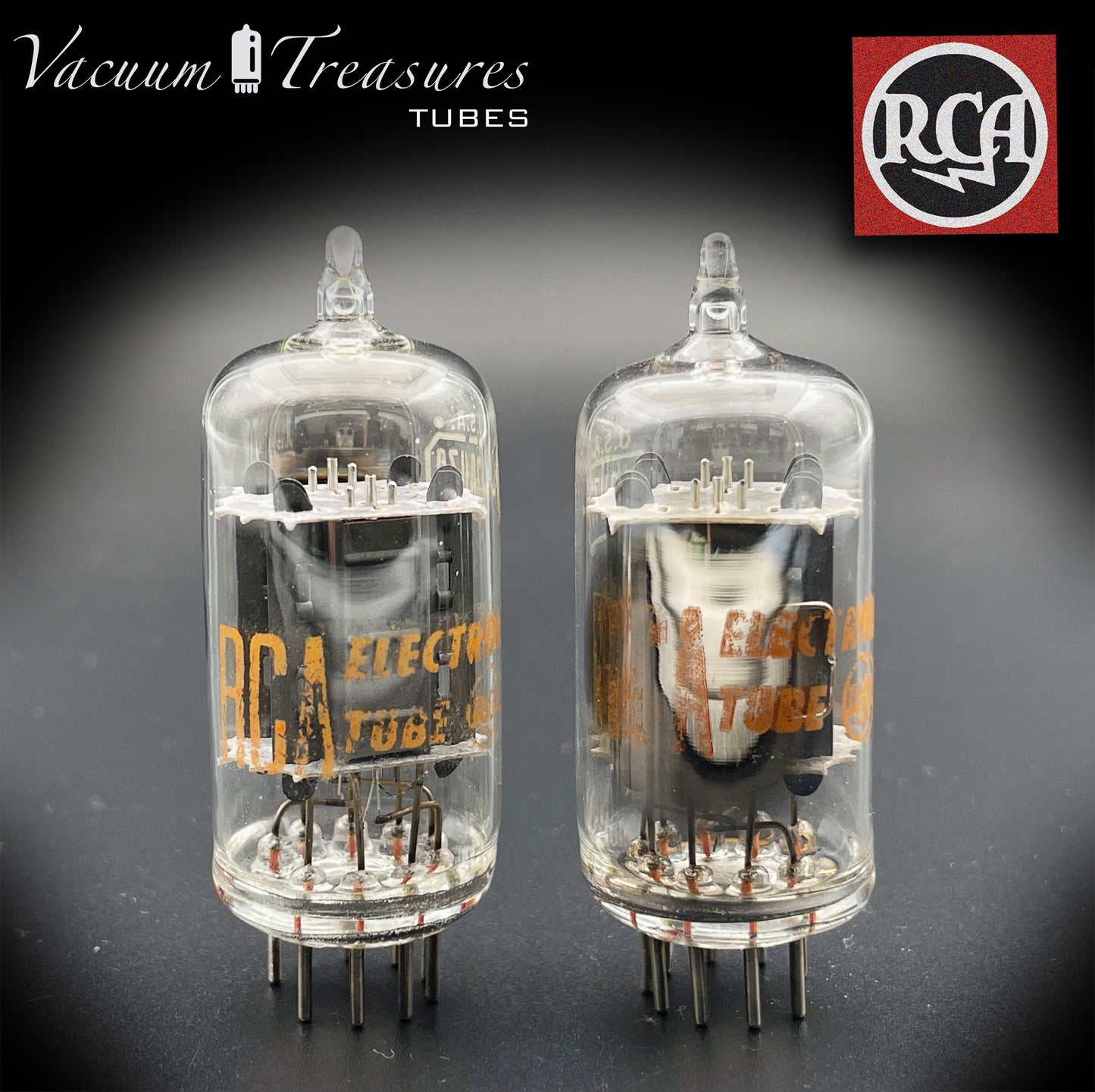12AU7 A (ECC82) RCA, transparente Oberseite, lange graue Platten, Seite [] Getter-abgestimmte Röhren, hergestellt in den USA