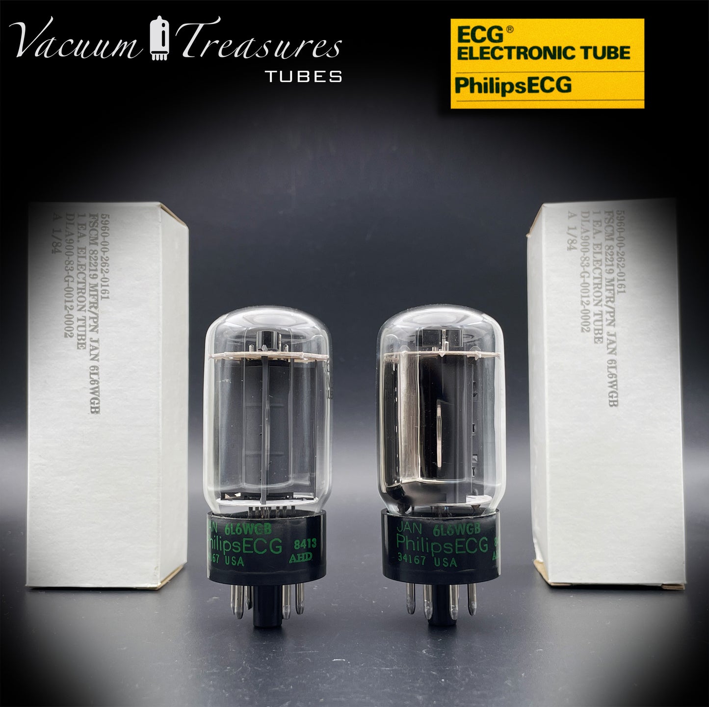 JAN 6L6WGB PHILIPS ECG Matched Pair Gray Plates Side Halo Getter AMPLITREX Tested – Same Date Code – NOS NIB