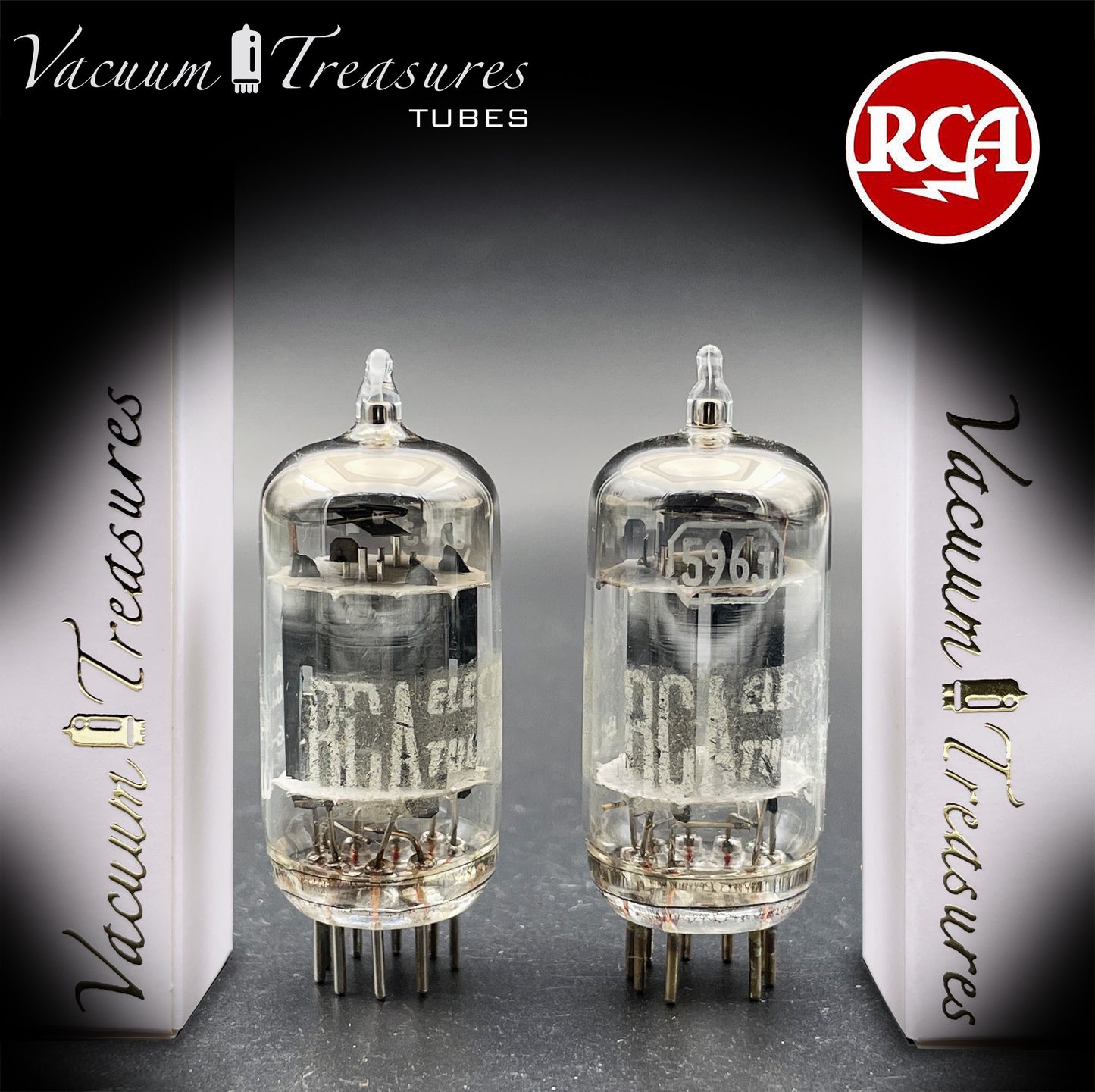 5963 ( 12AU7 ) RCA Matched Pair Long Black Plates Foil Getter AMPLITREX Tested