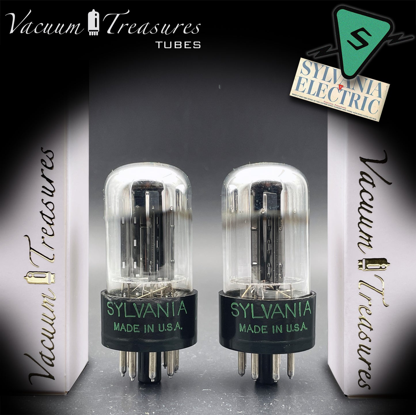 6SN7GTB NOS SYLVANIA CHROME TOP Green Dot Matched Pair Black Plates Tubes USA '50s