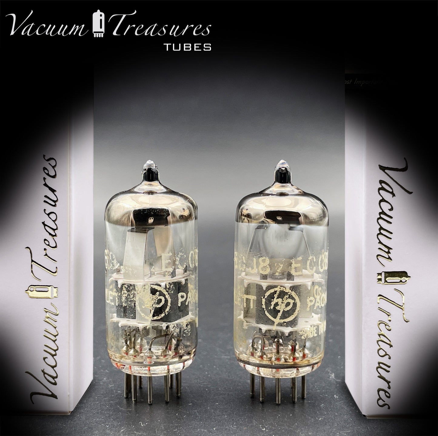 ECC88 / 6DJ8 HEWLETT PACKARD – Heerlen Δ2L3 – Disc Dimpled Getter – Matched Pair – MOLTO FORTE – Made in Holland ’60s