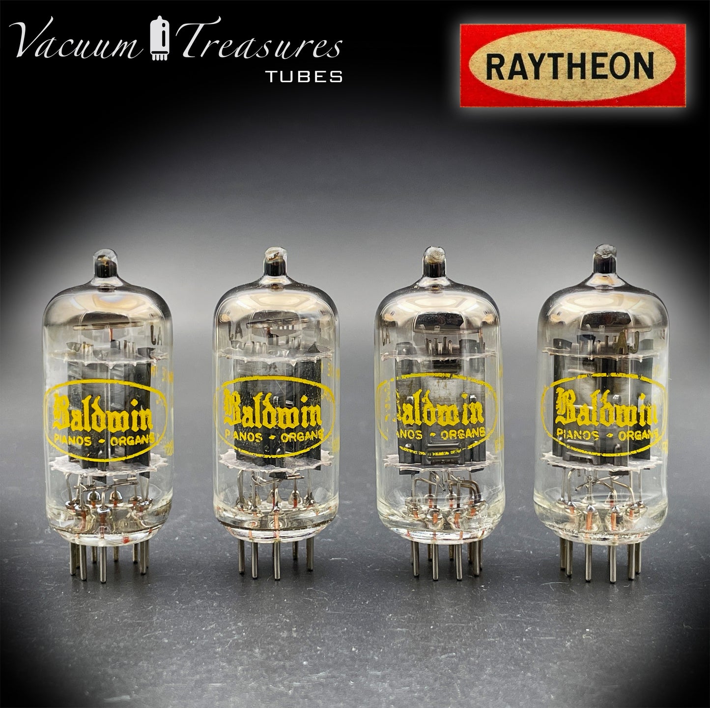 12AU7A / ECC82 NOS Baldwin by RAYTHEON Matched Quad Tubes Long Black Plates Halo Getter Made in USA '61