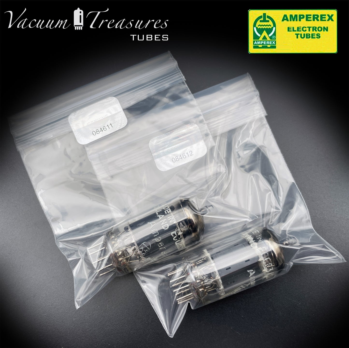 12AX7 / ECC83 NOS Amperex Bugle Boy Matched Pair AMPLITREX Tested Long Plates Foil Getter '58