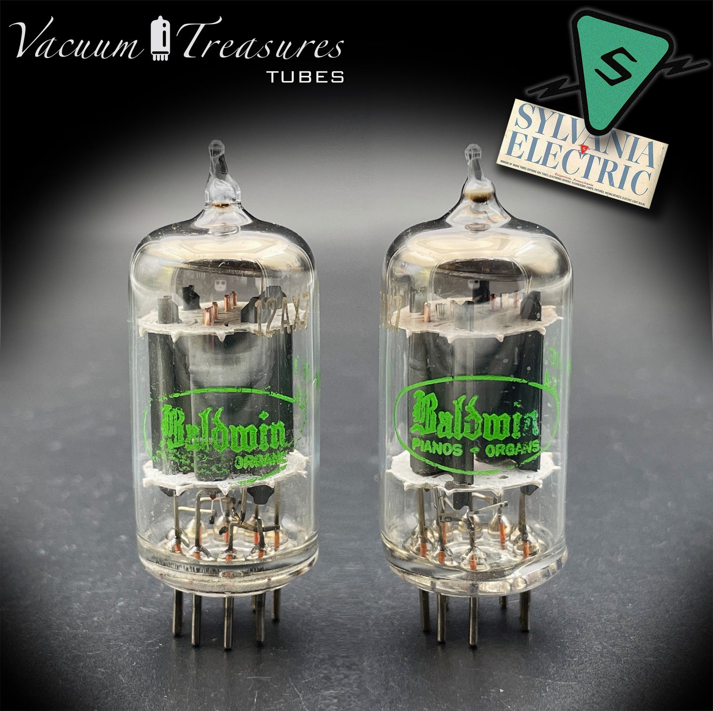 12AX7 ECC83 Baldwin by SYLVANIA – Matched Pair – Long Gray Plates Halo Getter USA 1959