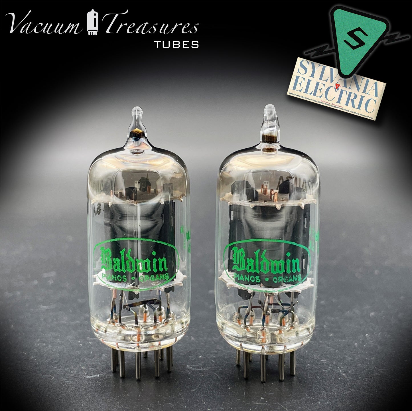 12AU7A / ECC82 NOS Baldwin by Sylvania Matched Pair Long Gray Plates Halo Getter Tubes USA '63