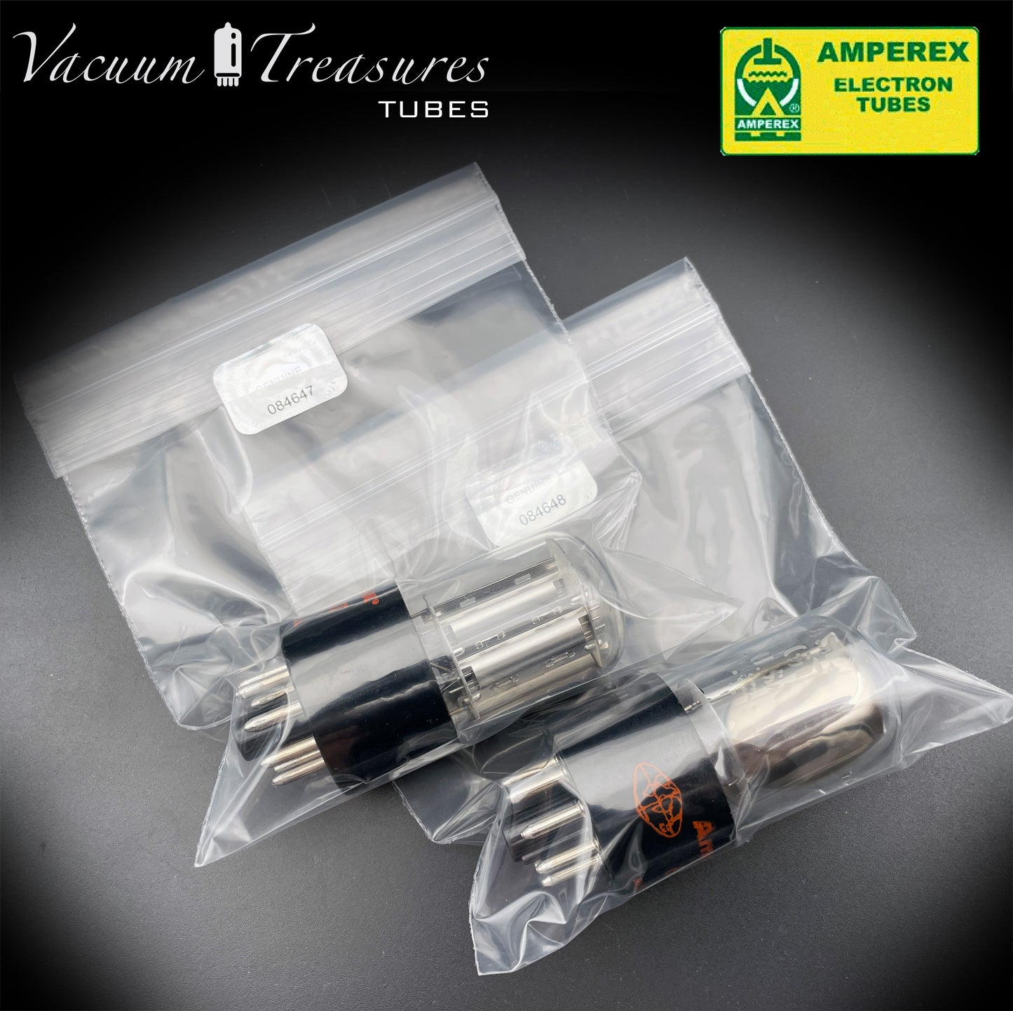 6SL7GT AMPEREX GLOBE Matched Pair Silver Plates Side Halo Getter Tubes USA 60s