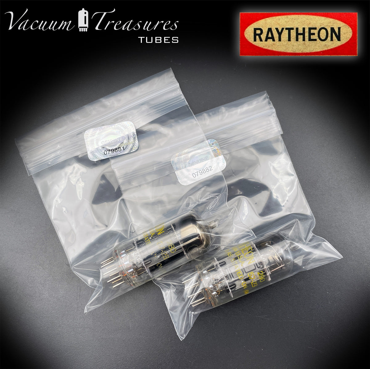 12AU7 / ECC82 RAYTHEON Matched Pair Long Black Plate Square Getter Tested Tubes USA '57