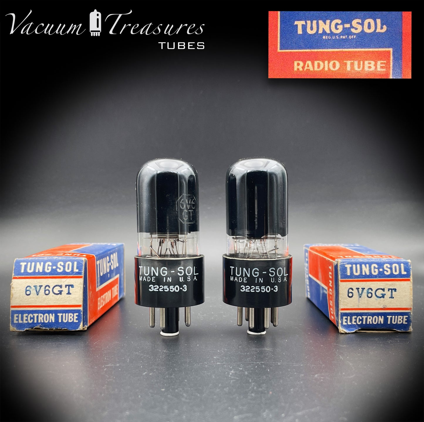 6V6GT ( VT-107A ) TUNG-SOL NOS NIB Black Glass Square Getter Matched Tubes MADE IN USA '55