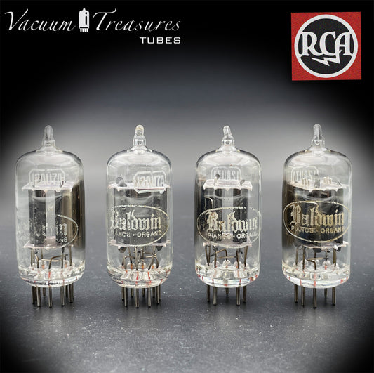 12AU7 / ECC82 Baldwin by RCA AMPLITREX Matched Quad Clear Top Long Gray Plates Side D Getter Tubes