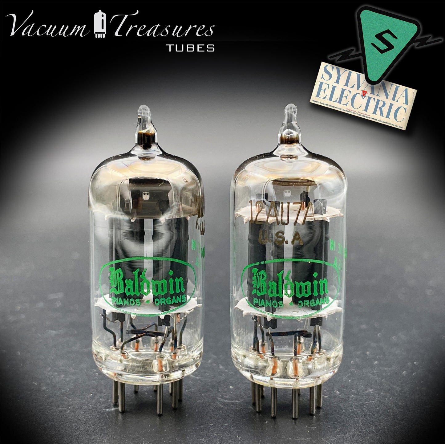 12AU7A / ECC82 NOS Baldwin by Sylvania Matched Pair Long Gray Plates Halo Getter Tubes USA '63