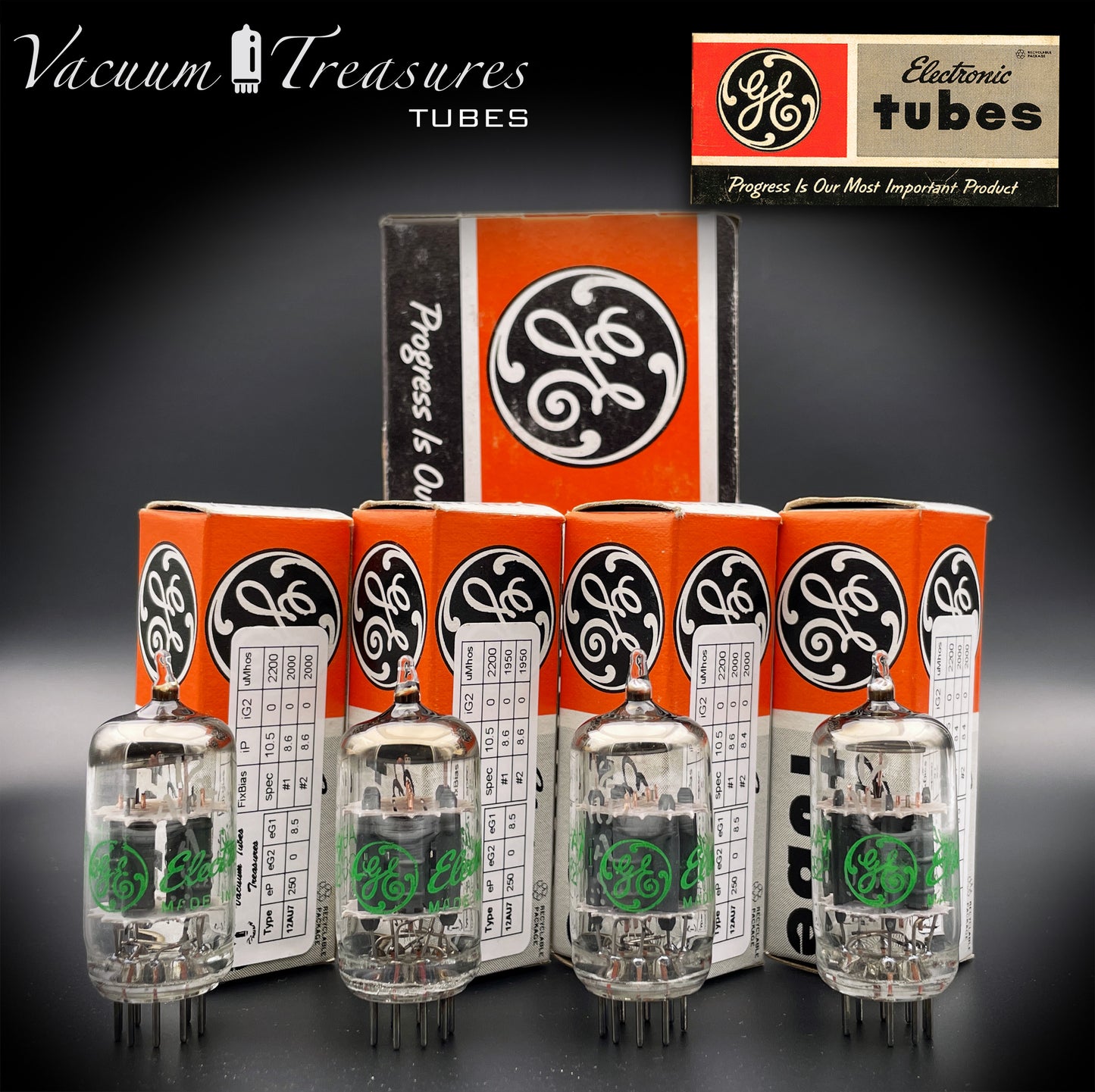 12AU7 A (ECC82) GE NOS NIB Graue Platten Halo Getter Matched Quad Tubes Hergestellt in den USA