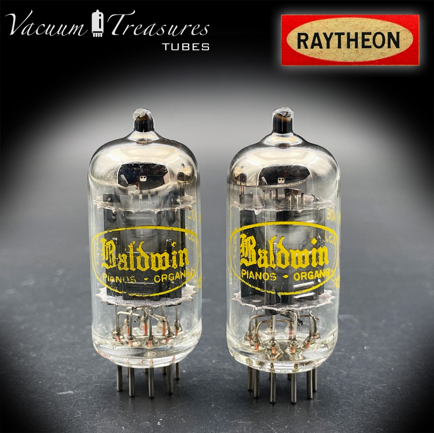 12AU7A / ECC82 NOS Baldwin by RAYTHEON Matched Pair Tubes Long Black Plates Halo Getter Made in USA '61