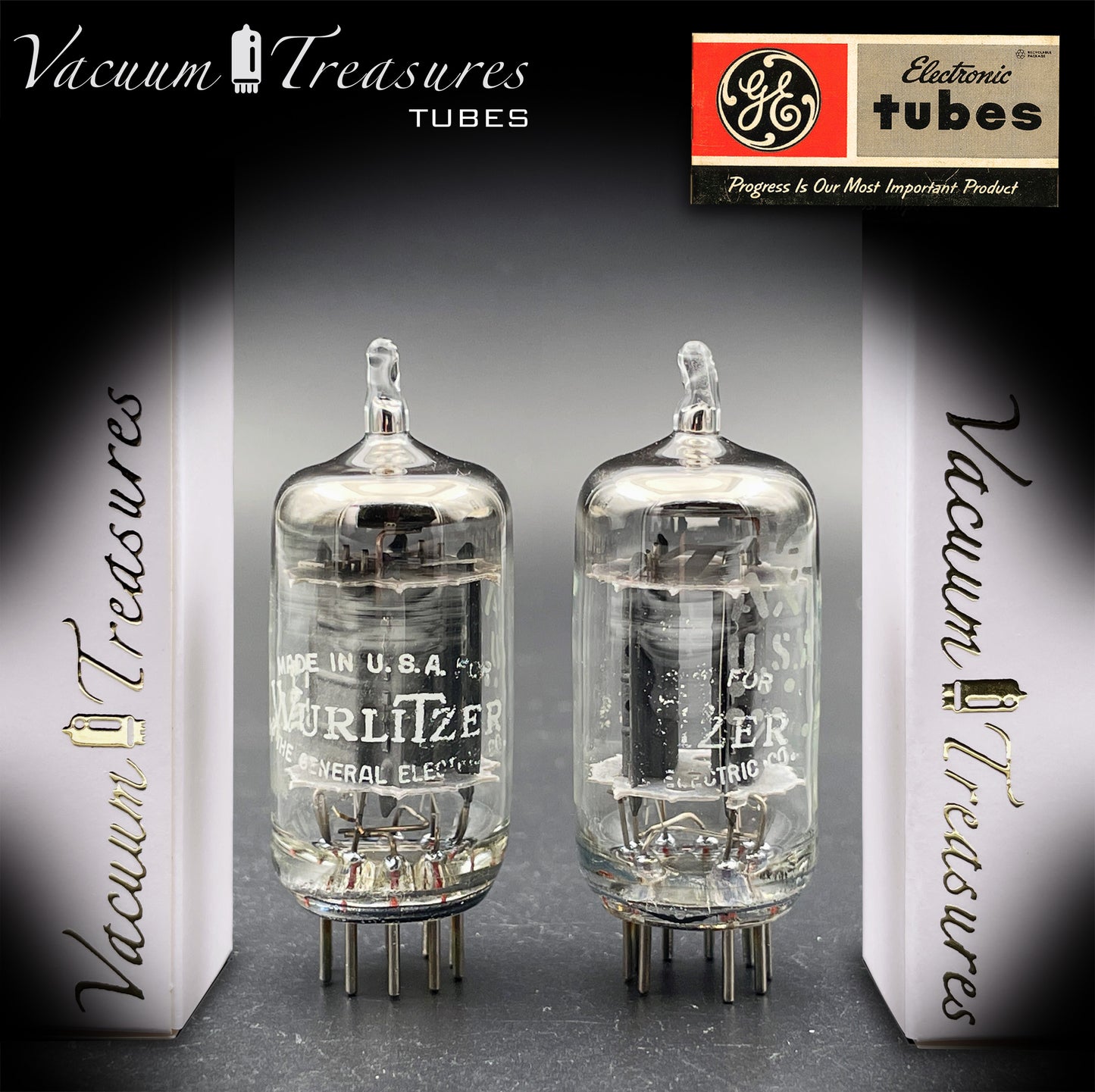 12AX7 / ECC83 Wurlitzer by GE Matched Pair Long Gray Plates Halo Getter Made in USA '63