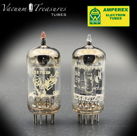 ECC82 ( 12AU7 ) CV491 AMPEREX Bugle Boy 17mm Plates Foil Getter Matched Pair Valve Tubes MADE IN HOLLAND '50s