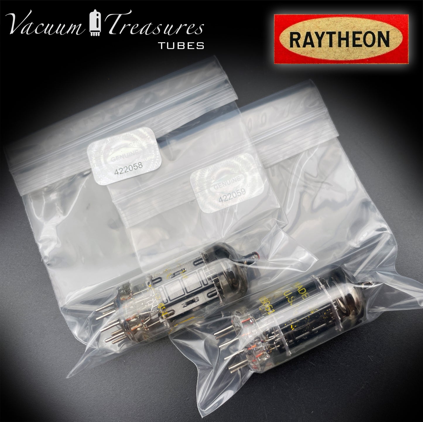 12AX7A ECC83 Baldwin Raytheon Matched Pair Tubes – Long Black Plates Halo Getter USA 1960s