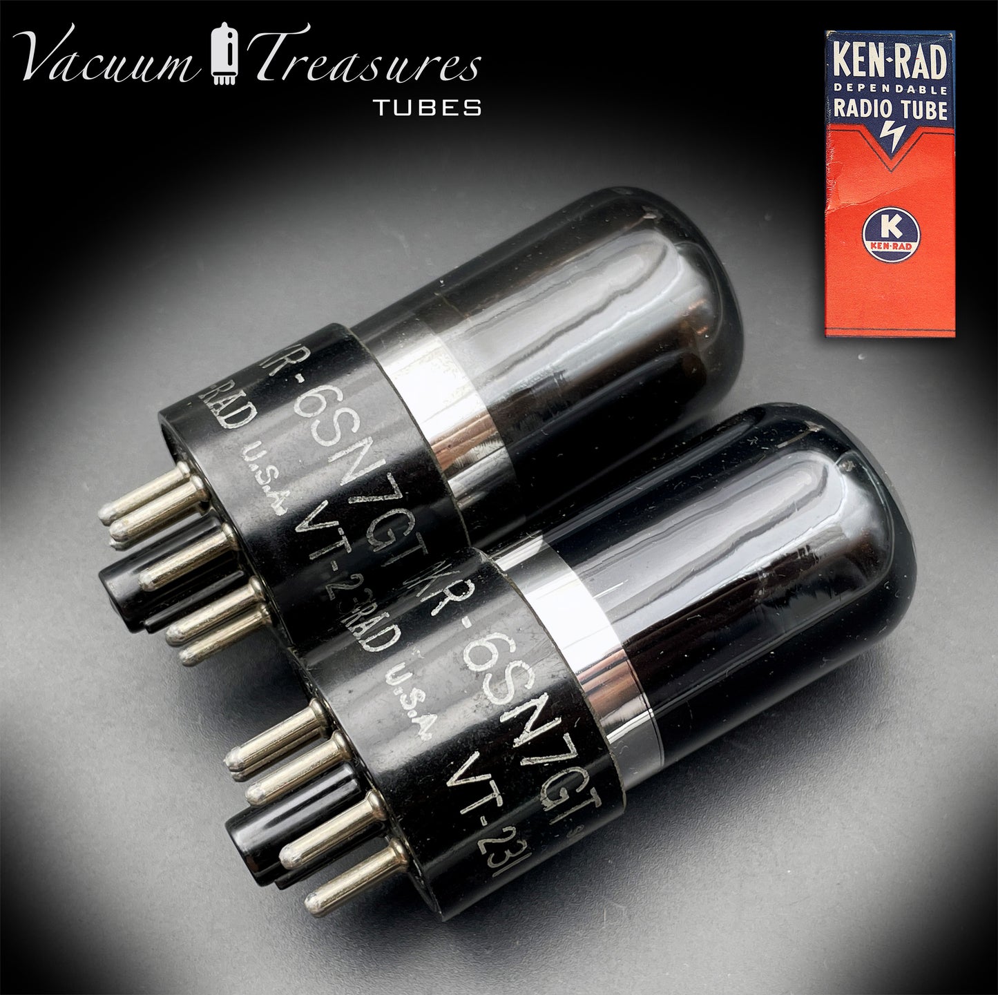 6SN7GT VT-231 KEN-RAD Black Plates Black Glass Foil Getter – Matched Pair – Made in USA anni ’40