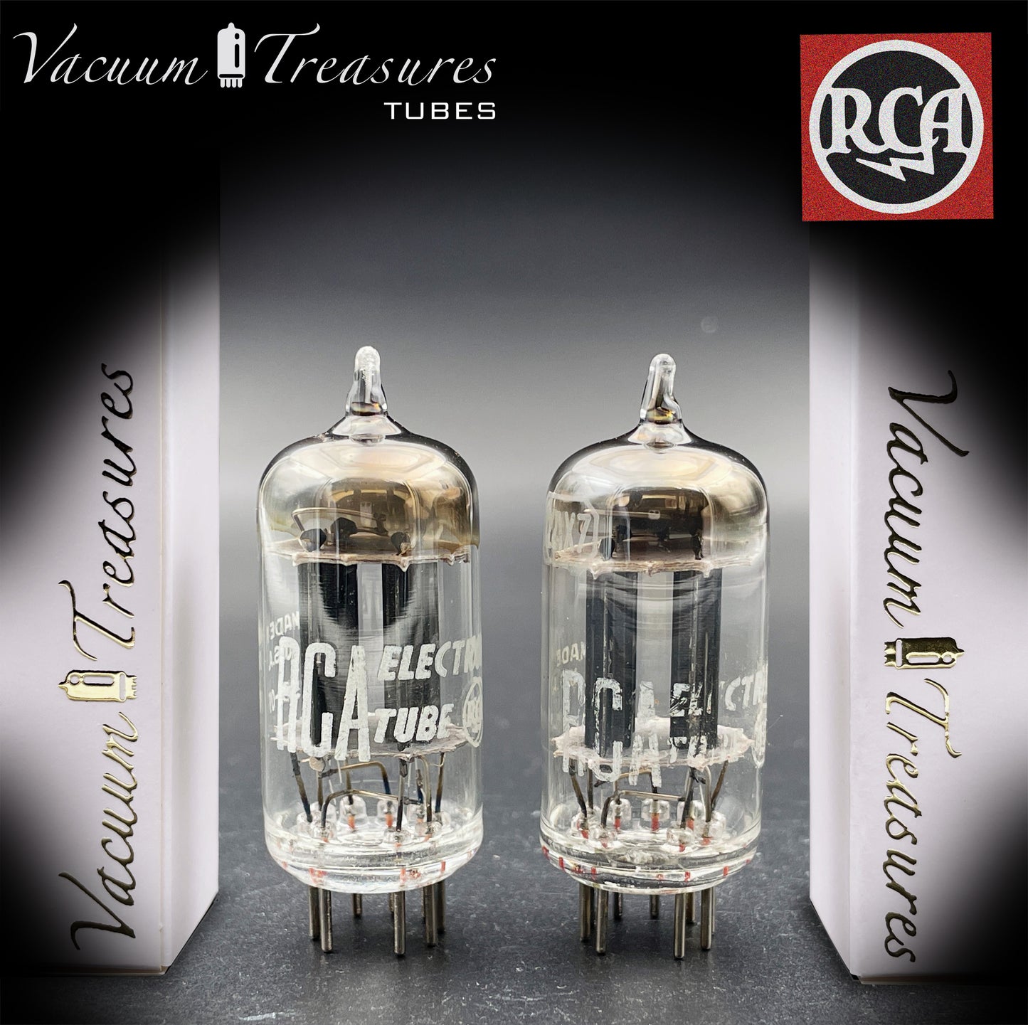 12AX7 / ECC83 RCA Matched Pair Long Black Plates Square Tilt getter Made in USA '58