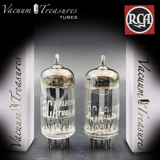 12AX7 / ECC83 RCA Matched Pair Long Black Plates Square Tilt getter Made in USA '58