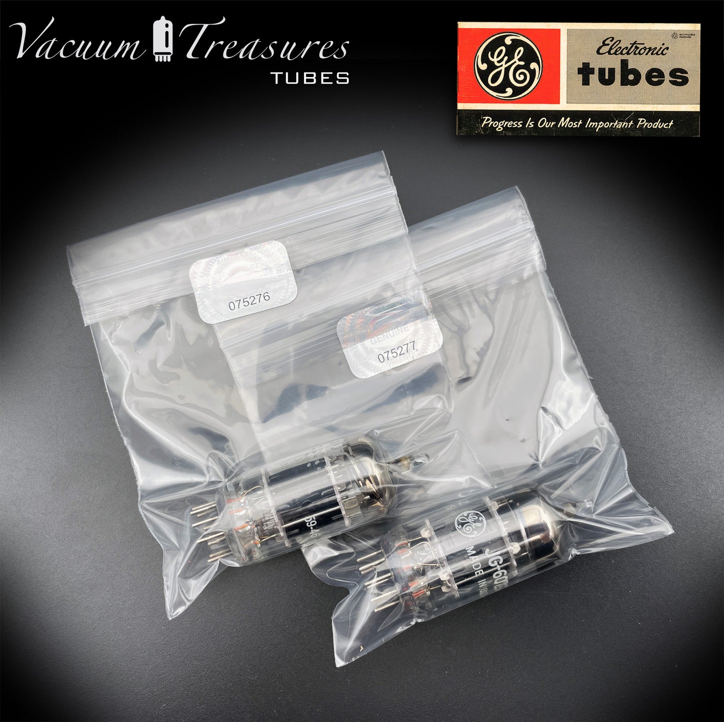 6072 / 12AY7 NOS GE JG Matched Pair Black Plates Triple Mica Halo Getter USA ’60s - AMPLITREX Tested