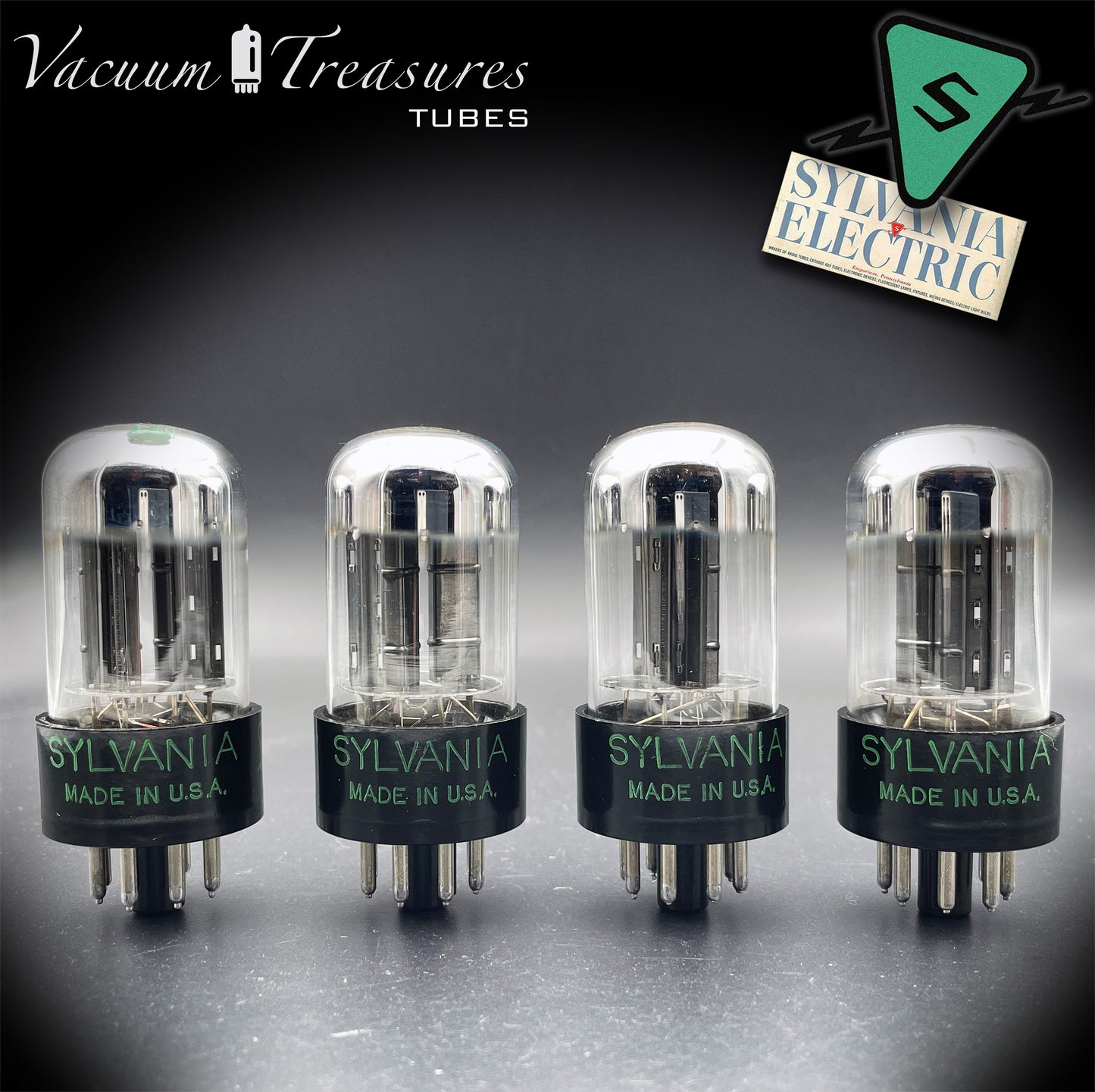6SN7GTB NOS SYLVANIA CHROME TOP Green Dot Matched Quad Black Plates Tubes USA '50s