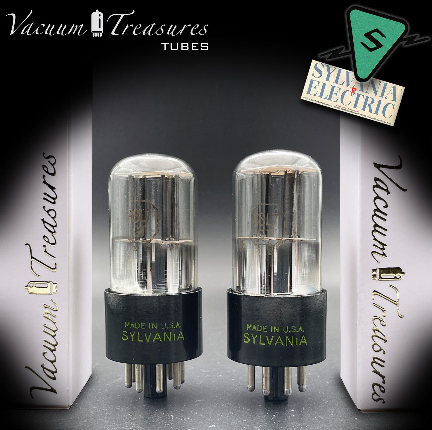 6SL7GT (VT-229) SYLVANIA NOS Black Round Plates Foil Getter AMPLITREX Matched Pair Made in USA '50s.