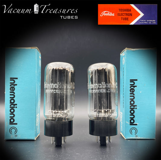 5U4GB 5AS4A NOS NIB TOSHIBA/International Black Plates Matched Pair Tubes Top Side Dual Disc Getter Rectifiers Made in JAPAN