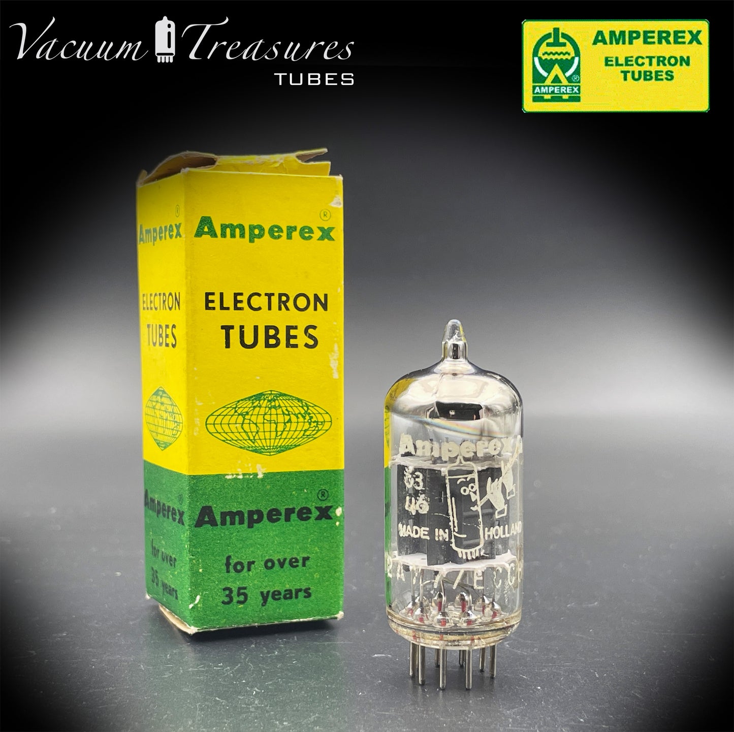12AX7 / ECC83 NOS NIB AMPEREX Bugle Boy Short Plates Halo Getter Tested Tube MADE IN HOLLAND '60s