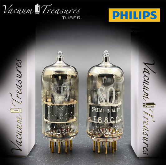 E88CC ( 6922 ) PHILIPS Special Quality Matched Pair Halo Getter Gold Pin Tubes Made in Holland '60s