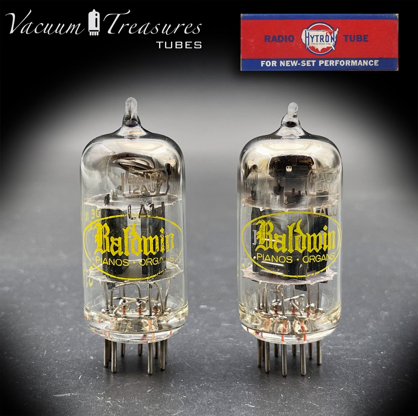 12AU7A ECC82 Baldwin / HYTRON Matched Pair Black Plates Halo Getter Tested Tubes USA