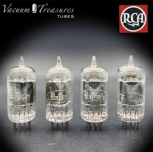 12AU7 / ECC82 Baldwin by RCA AMPLITREX Matched Quad Clear Top Long Gray Plates Side D Getter Tubes