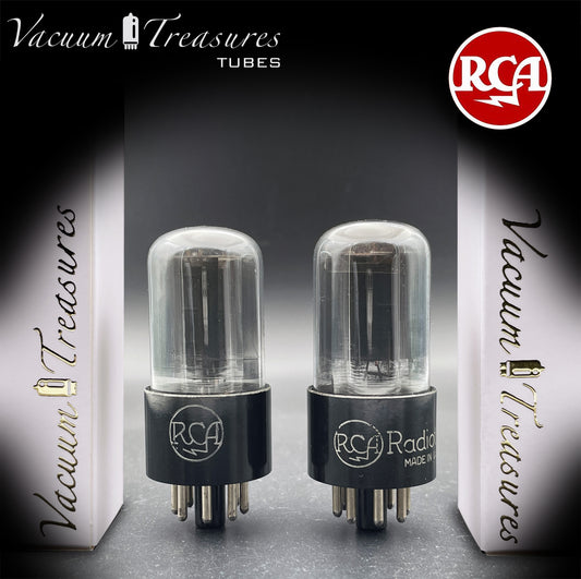 6SN7 GT RCA Radiotron Smoked Glass Matched Pair Silver Logo Black Plates D Getter AMPLITREX Tested Low Noise Tubes