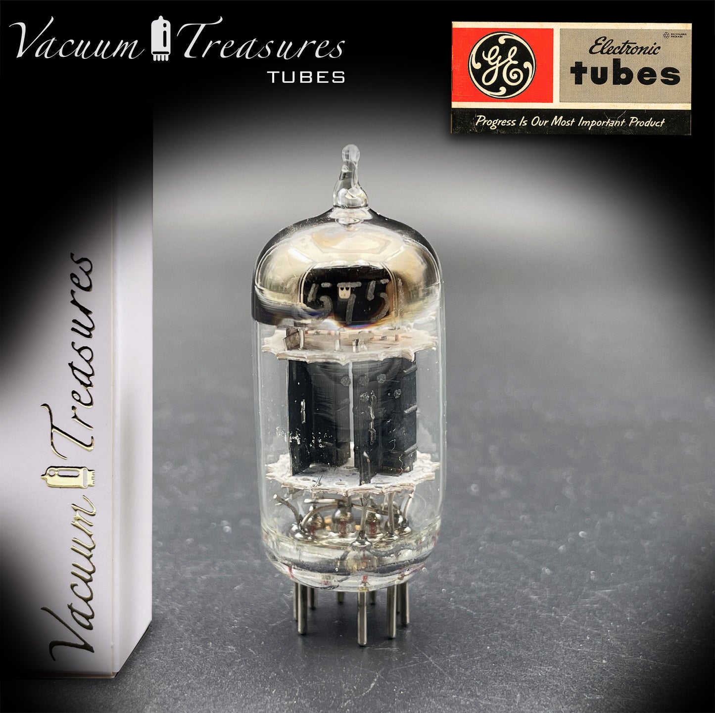 5751 GE NOS Triple Mica Black Plates Square Getter Amplitrex Tested Tube Made in USA '50s