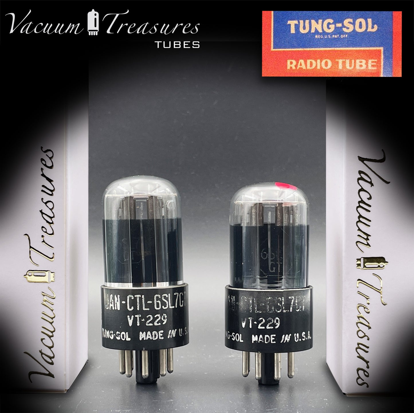 6SL7 GT ( VT-229 ) TUNG-SOL JAN CTL Black Glass Black Round Plates Matched Tubes Made in USA '50s