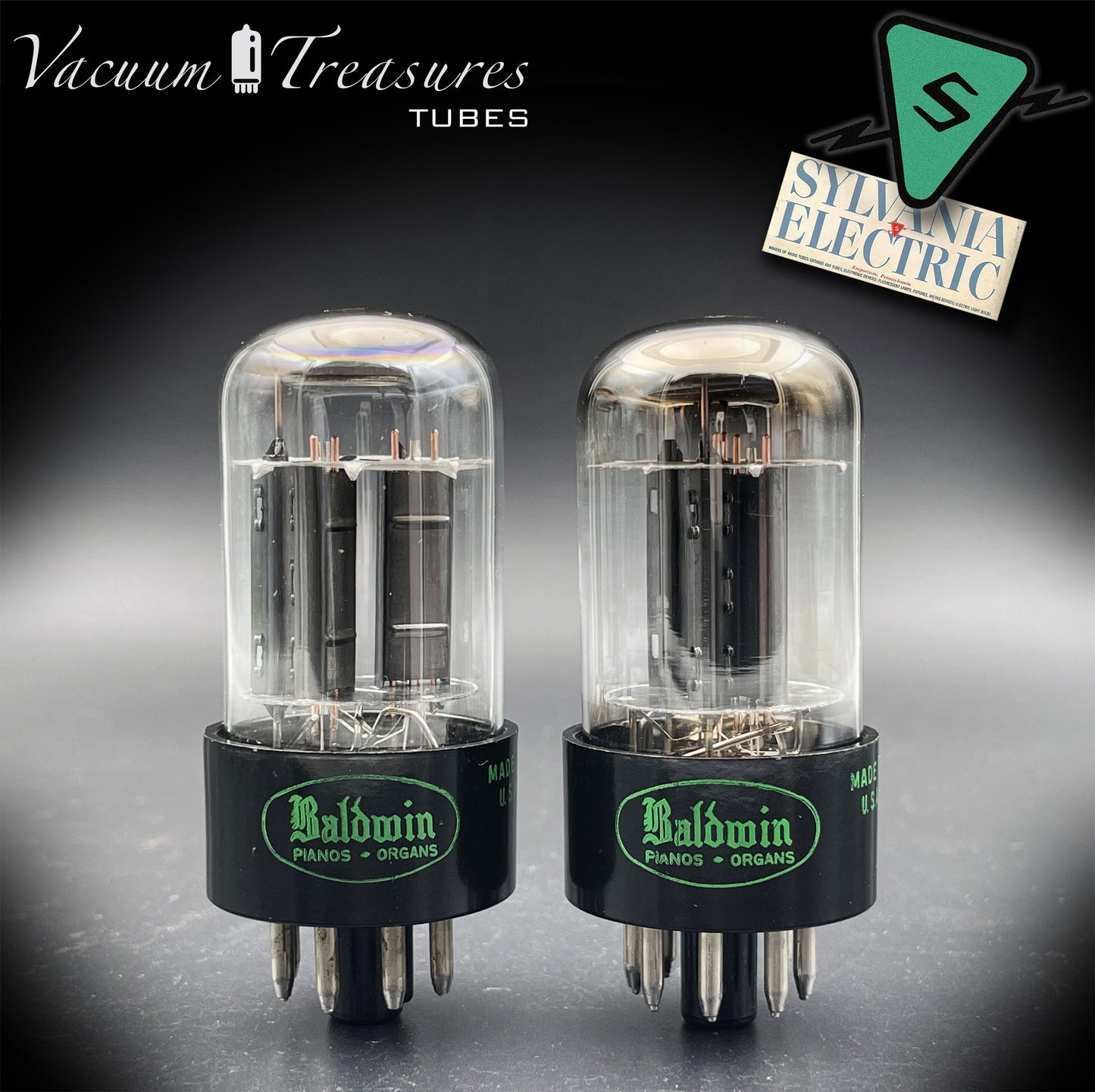 6SN7GTB Baldwin by SYLVANIA Matched Pair Black Plates Tubes - Same Codes - Made in USA '61