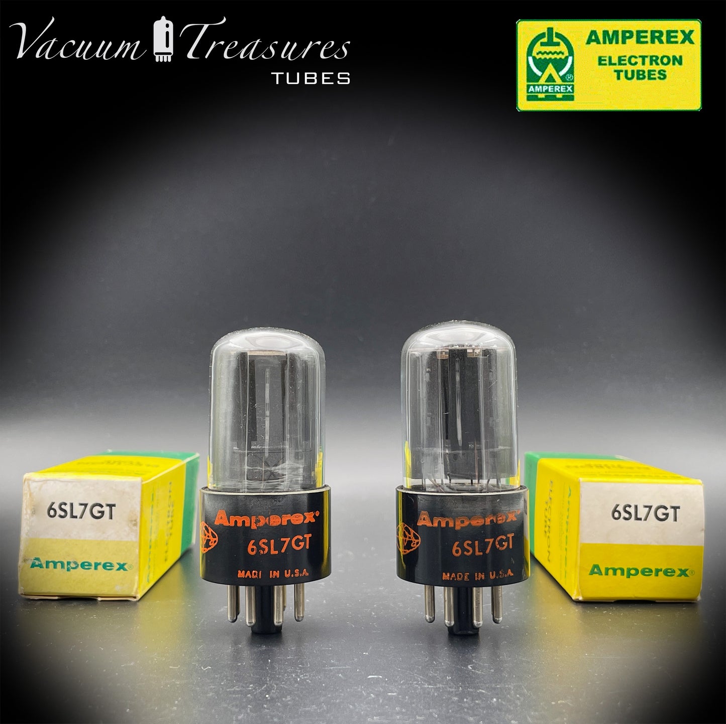 6SL7GT AMPEREX GLOBE AMPLITREX Tested Pair Black Plates Square Getter Tubes USA 60s
