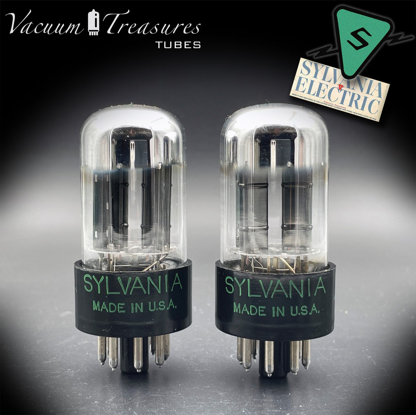 6SN7GTB NOS SYLVANIA CHROME TOP Green Dot Matched Pair Black Plates Tubes USA '50s